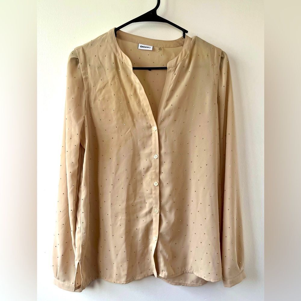 DKNYC Women’s Long Sleeve Button up Blouse Tan with Gold studded Dots Size Small